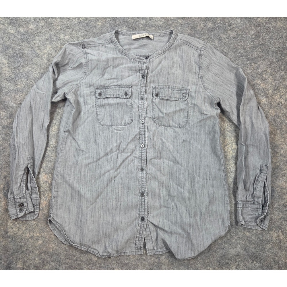 Ann Taylor LOFT Petites Grey Lyocell Linen Button Down Shirt MP Long Sleeve